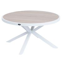 שולחן אלסקה עגול 140 ס"מ גוף לבן אלומיניום דמוי עץ