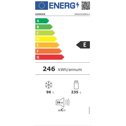 מקרר מקפיא תחתון 331 ליטר דגם Gorenje NRK6202EBXL4