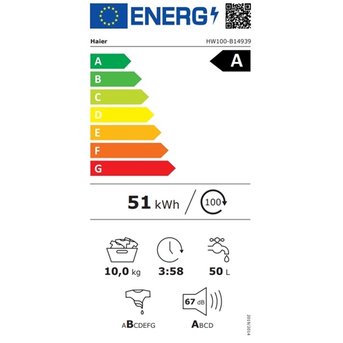 מכונת כביסה 10 ק"ג דגם Haier HW100B14939 האייר לבן