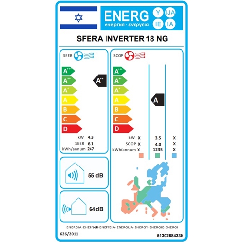 מזגן עילי SFERA INVERTER 18 NG תדיראן TADIRAN