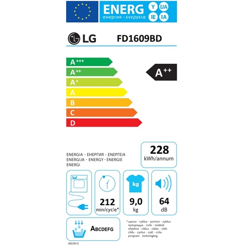 מייבש כביסה 9 ק"ג HEAT PUMP דגם LG FD1609BD לבן