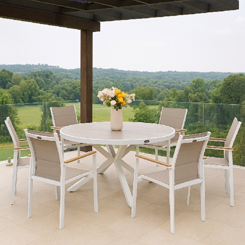 שולחן אלסקה עגול 140 ס"מ גוף לבן אלומיניום דמוי עץ