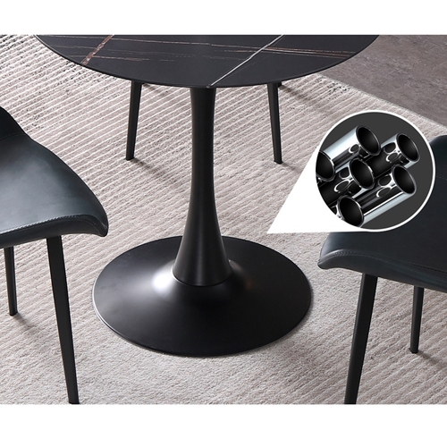 שולחן אוכל עגול עם פלטת אבן ייחודית ורגל ברזל