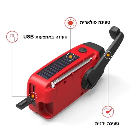 רדיו נייד עם הטענה סולארית+תאורת חירום ומטען נייד