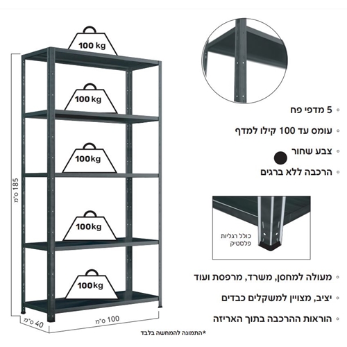 סט 5 מדפים ממתכת לעומס עד 100 ק"ג למדף