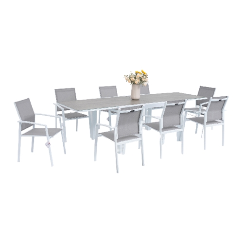 שולחן מרינו אלומיניום לבן נפתח 2.70 +4 כיסאות ארז