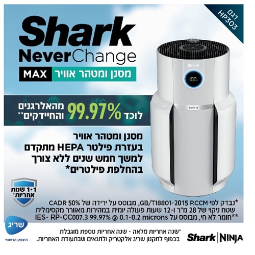 מסנן ומטהר אוויר NEVER CHANGE MAX דגם SHARK HP303