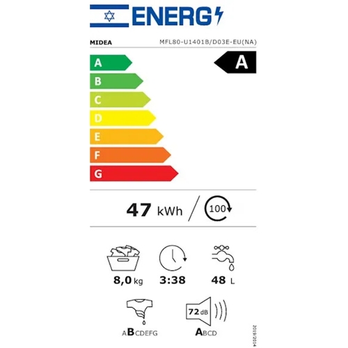 מכונת כביסה 8 ק"ג דגם Midea MFL80-U1401B מידאה לבן