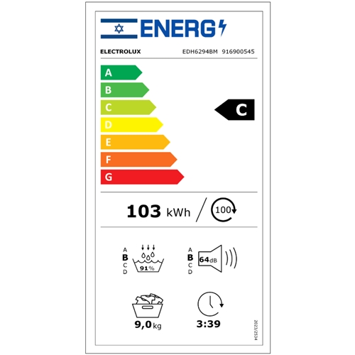 מייבש כביסה 9 ק"ג Electrolux EDH6294BM Heat Pump