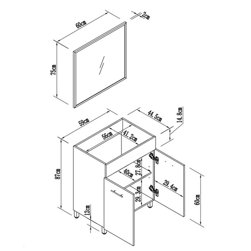 ארון אמבטיה עומד+כיור חרס ומראה לוטוס טודו דיזיין