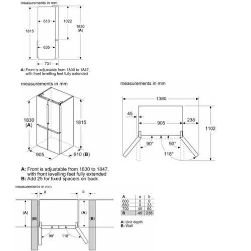 מקרר 4 דלתות 605 ליטר דגם BOSCH KFN96VPEA נירוסטה