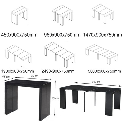 שולחן מודולרי בעל הרחבה מרכזית עם 5 הגדלות שונות