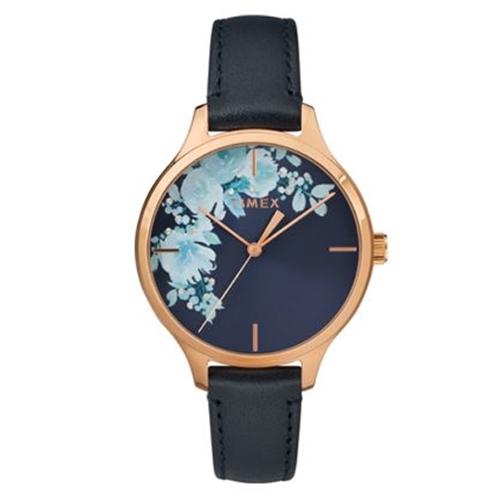 שעון יד כחול בעיצוב פרחוני לאישה מבית TIMEX